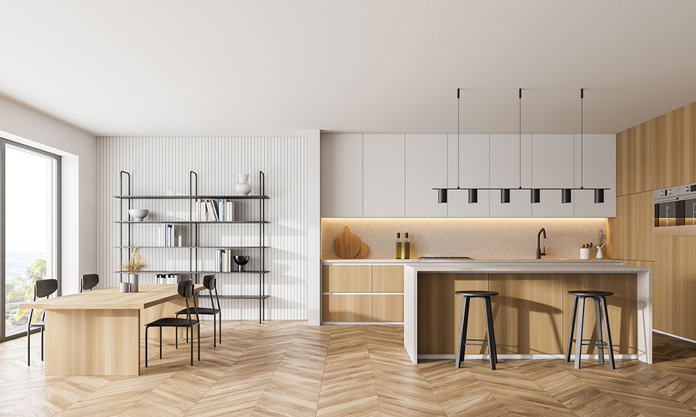 Modular-Kitchen-With-Wooden-Breakfast-Counter